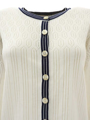 コットンロゴボタンラインカーディガン　ホワイト/ネイビー