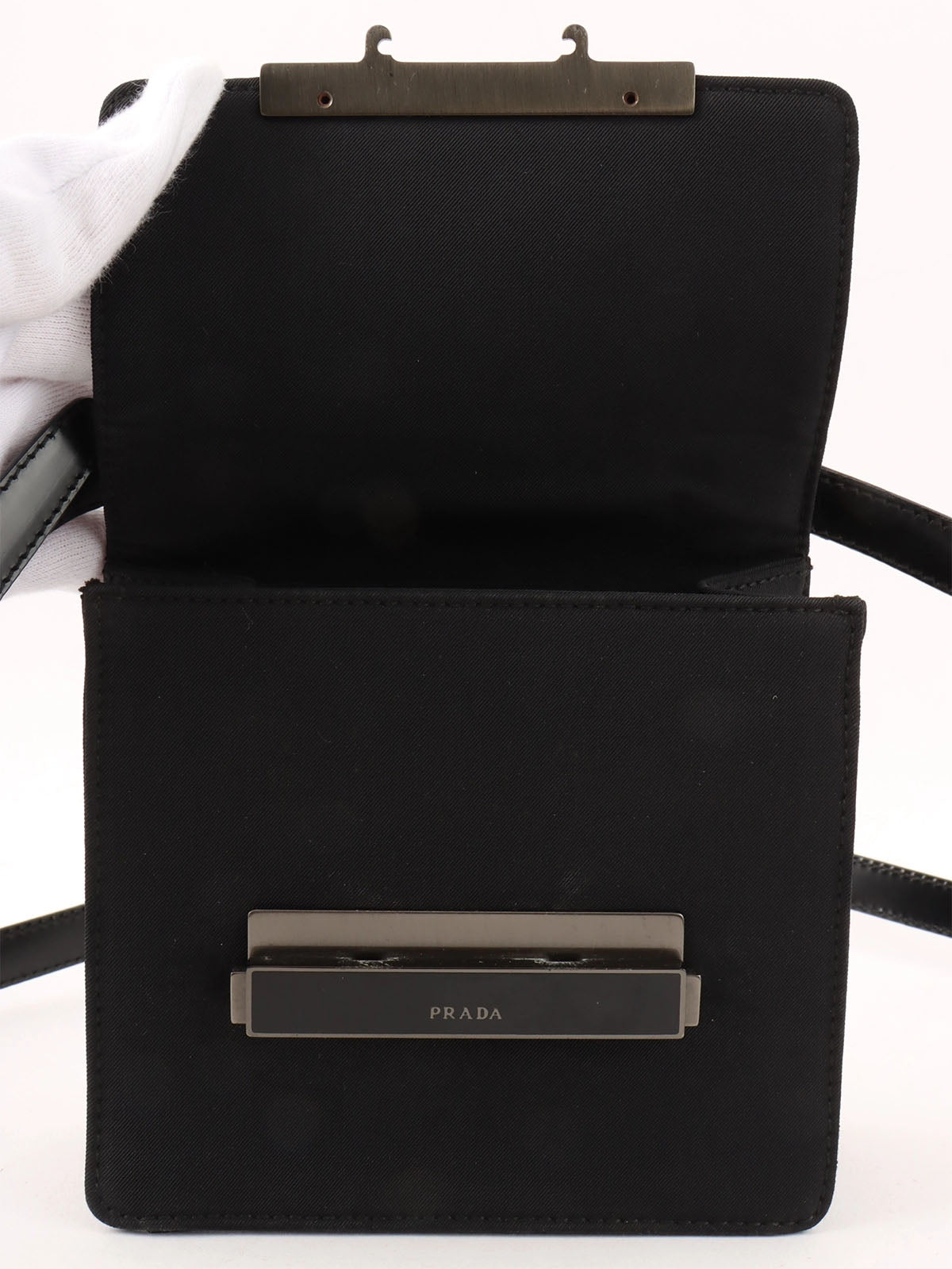 Nylon logo plate shoulder bag in black