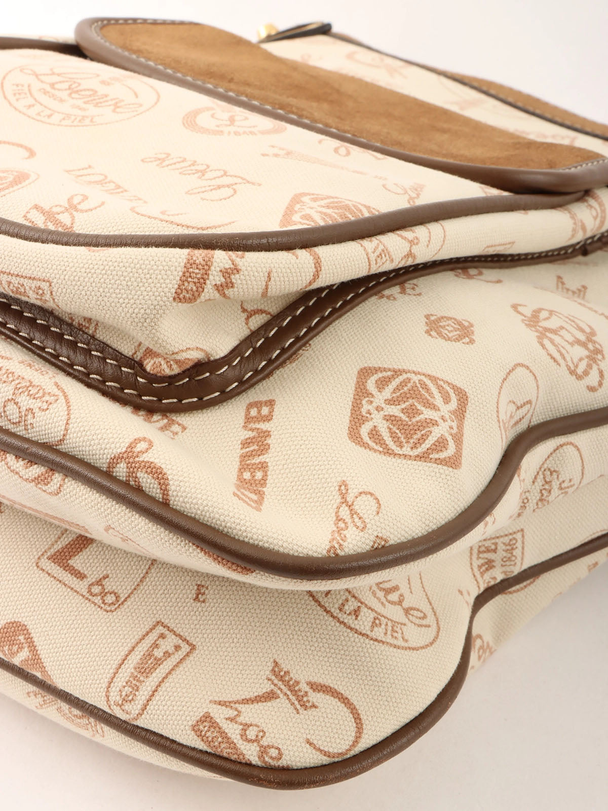 Logo Pattern Canvas and Suede Combination Shoulder Bag in Beige