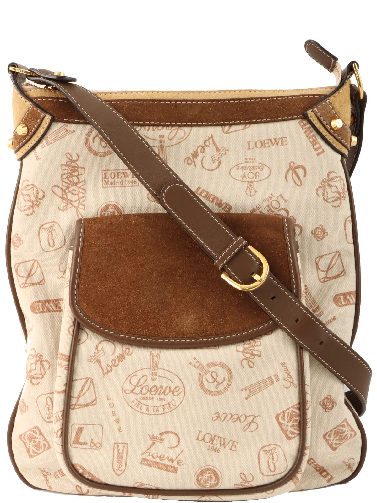 Logo Pattern Canvas and Suede Combination Shoulder Bag in Beige