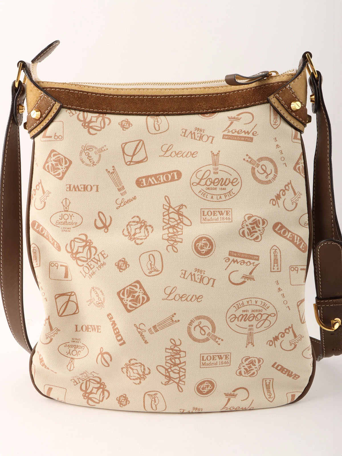 Logo Pattern Canvas and Suede Combination Shoulder Bag in Beige