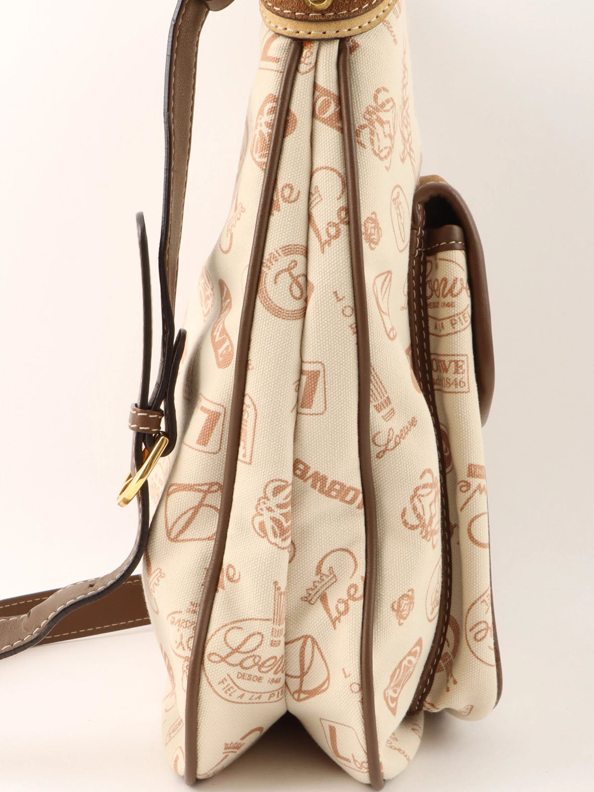 Logo Pattern Canvas and Suede Combination Shoulder Bag in Beige