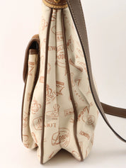 Logo Pattern Canvas and Suede Combination Shoulder Bag in Beige