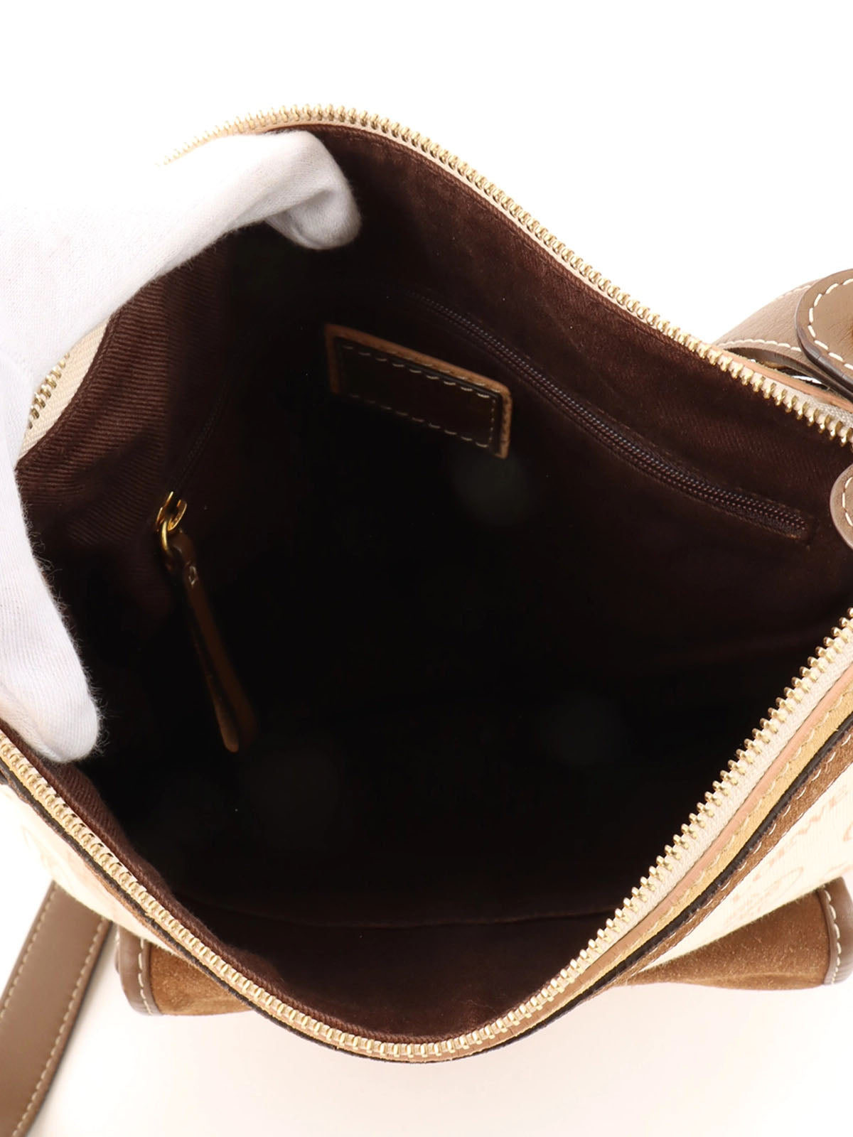 ロゴパターンキャンバススエードコンビショルダーバッグ ベージュ