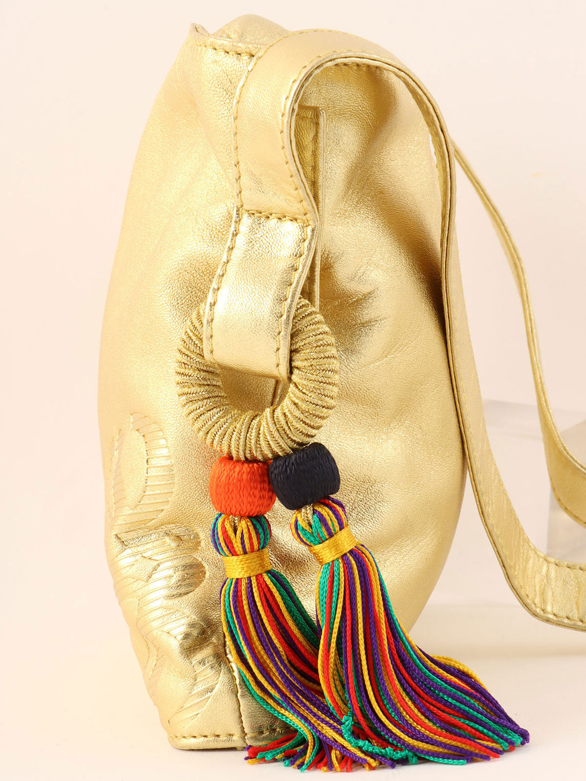 Anagram Embossed Tassel Shoulder Bag  Gold
