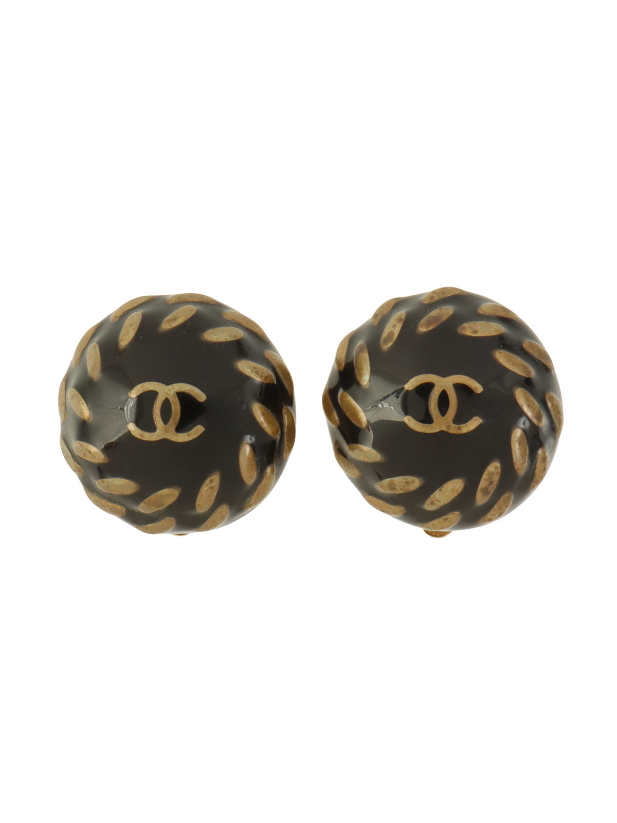 1997 Round CC Mark Design Earrings Gold/Black