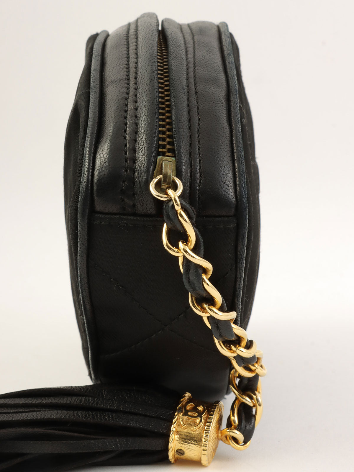 1990年頃製 サテンレザーコンビCCマークステッチポーチ ブラック