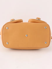 Suede Leather Combi Anagram Pattern Handbag in Camel