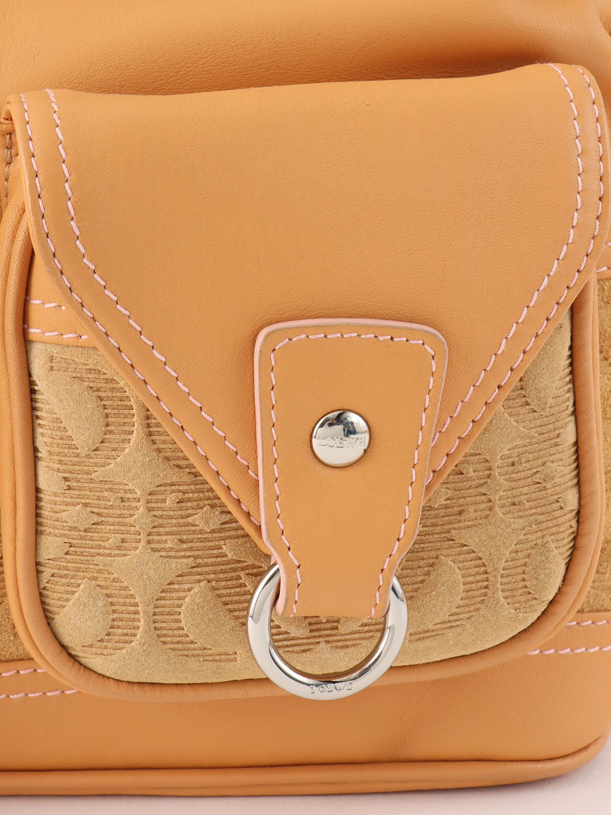 Suede Leather Combi Anagram Pattern Handbag in Camel