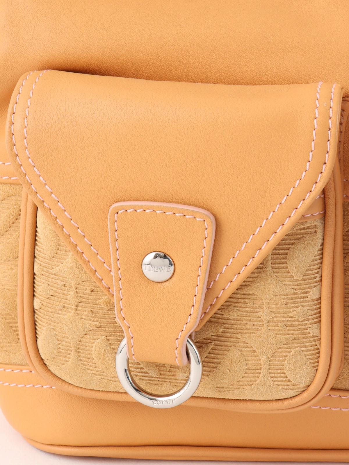 Suede Leather Combi Anagram Pattern Handbag in Camel