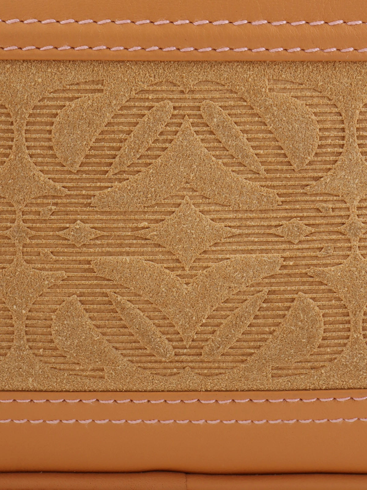 Suede Leather Combi Anagram Pattern Handbag in Camel