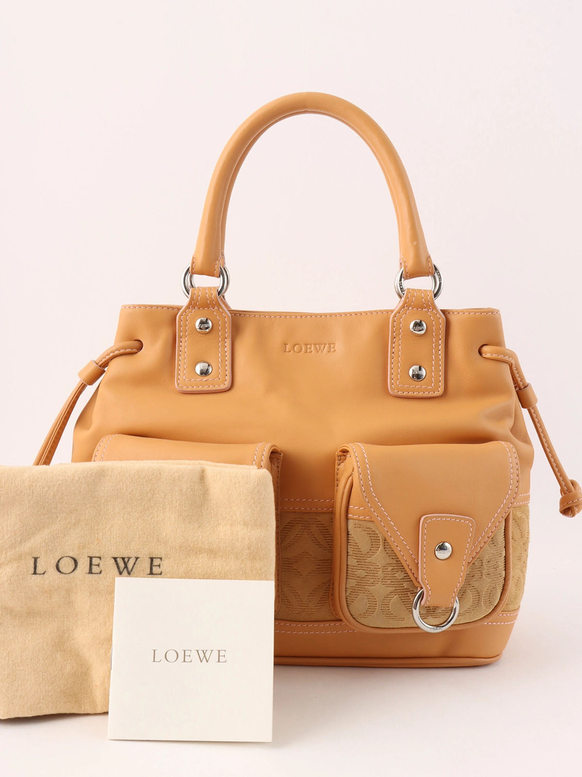 Suede Leather Combi Anagram Pattern Handbag in Camel