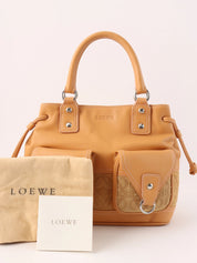Suede Leather Combi Anagram Pattern Handbag in Camel