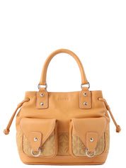 Suede Leather Combi Anagram Pattern Handbag in Camel