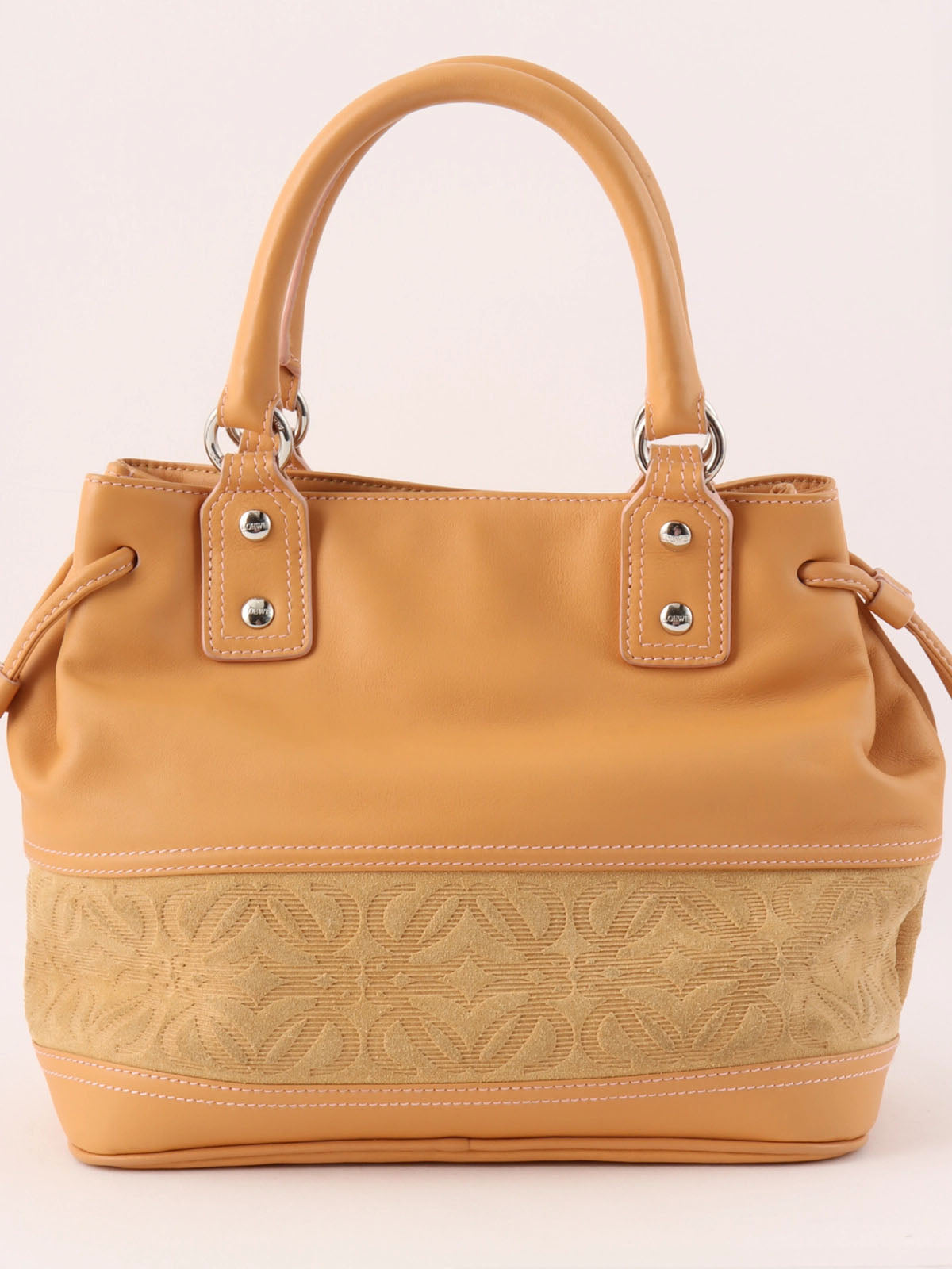 Suede Leather Combi Anagram Pattern Handbag in Camel