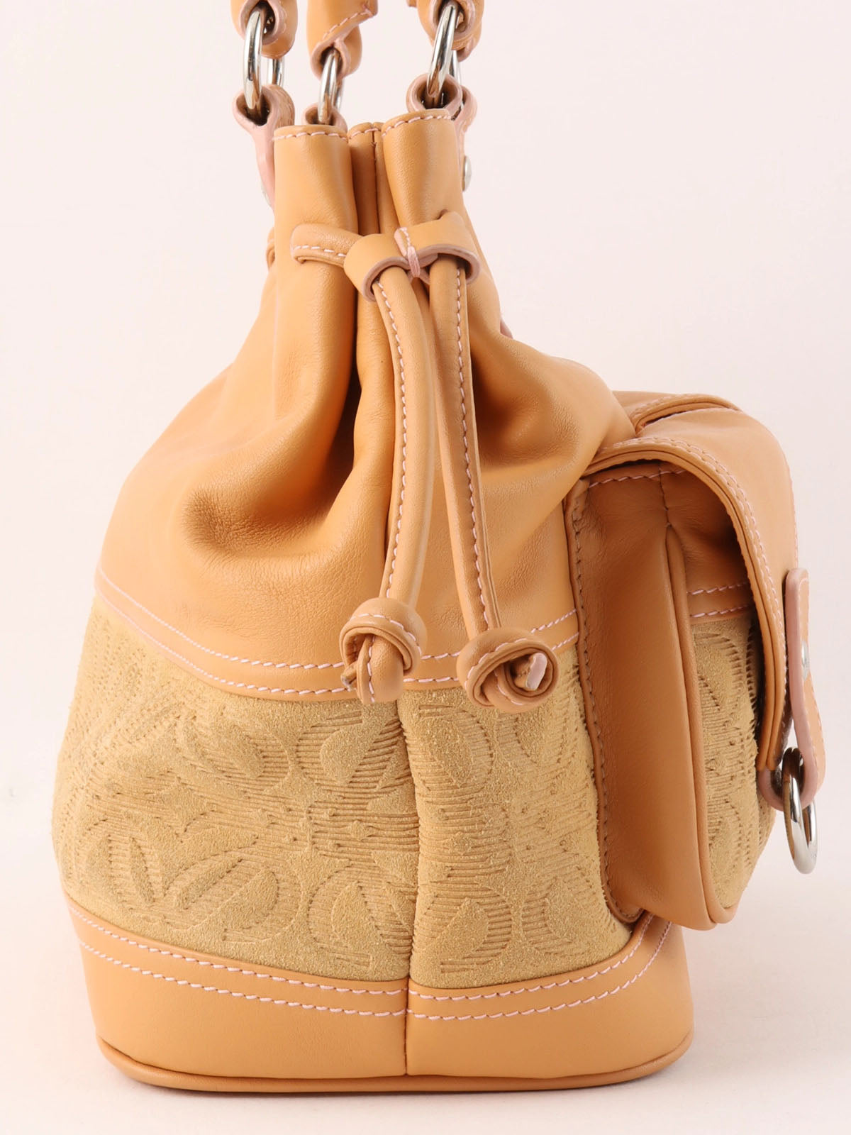 Suede Leather Combi Anagram Pattern Handbag in Camel