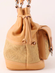Suede Leather Combi Anagram Pattern Handbag in Camel