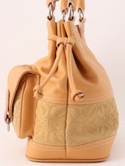Suede Leather Combi Anagram Pattern Handbag in Camel