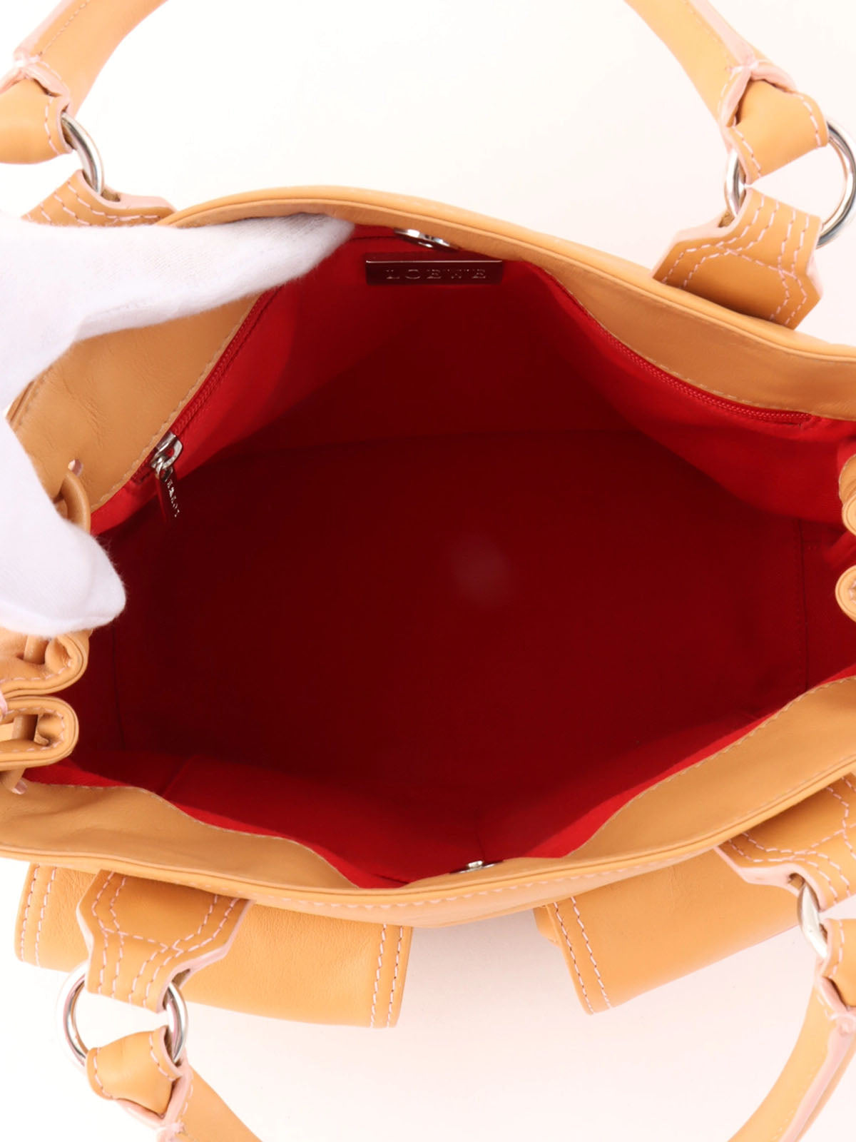 Suede Leather Combi Anagram Pattern Handbag in Camel