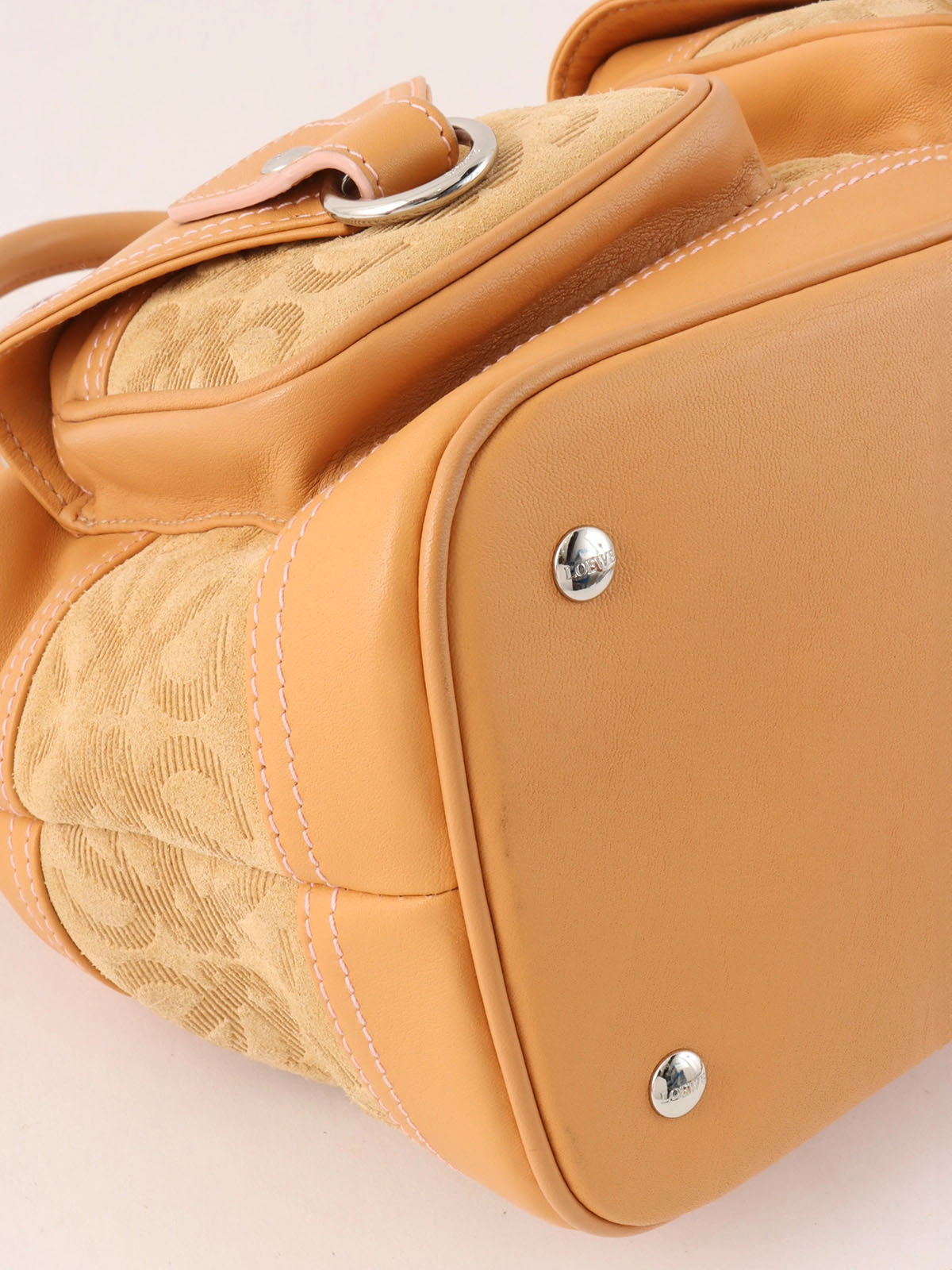 Suede Leather Combi Anagram Pattern Handbag in Camel