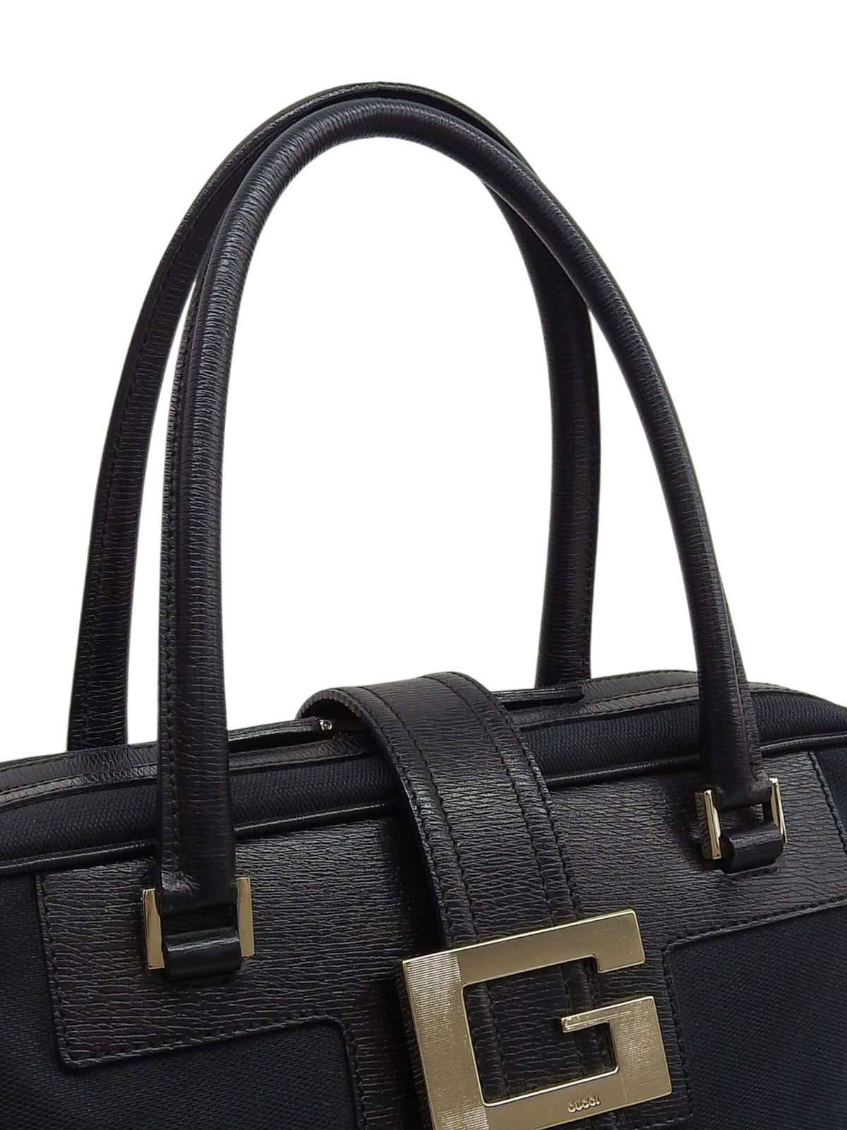Canvas and leather combination G logo plate handbag in black