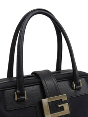 Canvas and leather combination G logo plate handbag in black