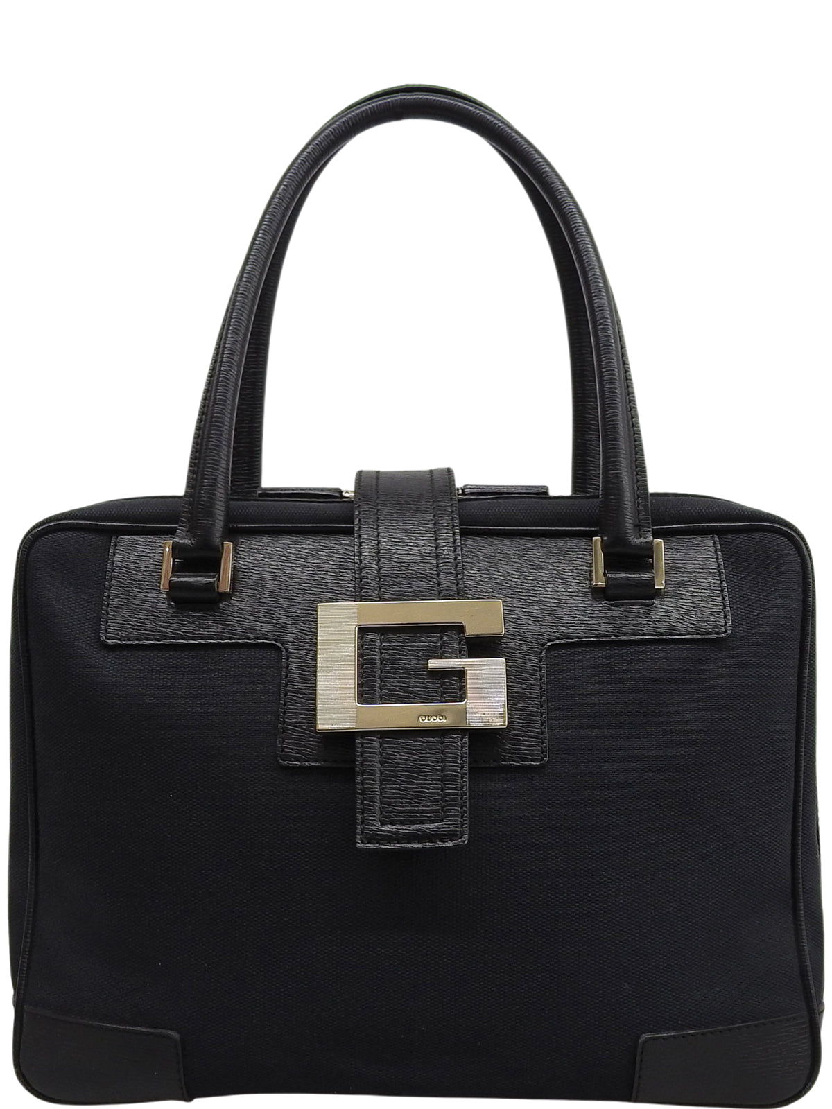 Canvas and leather combination G logo plate handbag in black