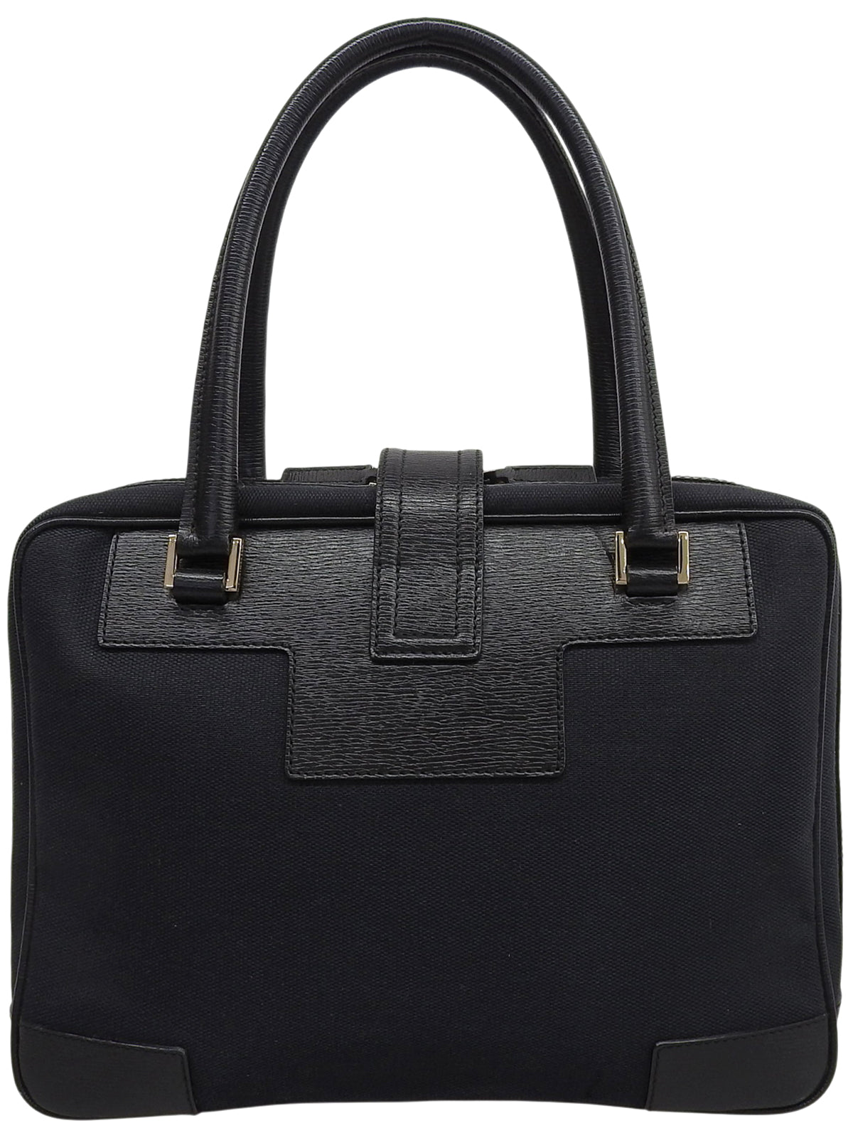 Canvas and leather combination G logo plate handbag in black