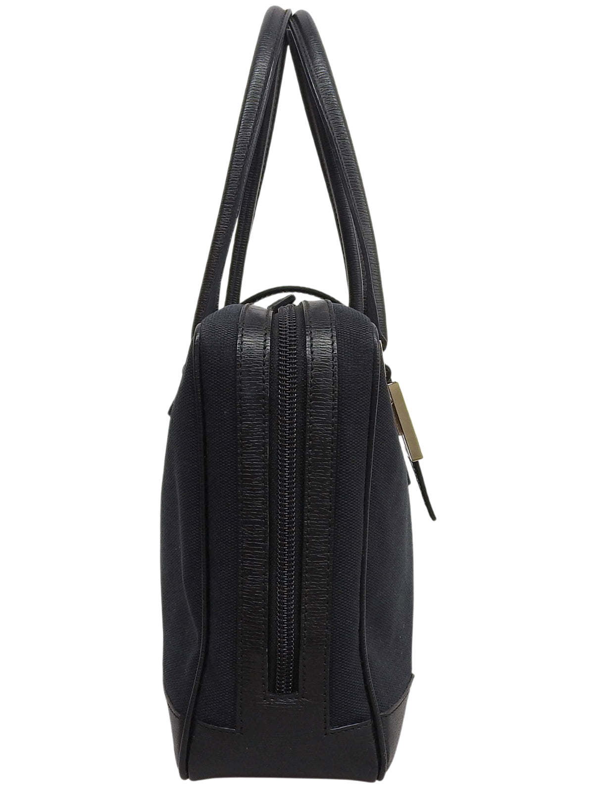 Canvas and leather combination G logo plate handbag in black