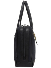 Canvas and leather combination G logo plate handbag in black