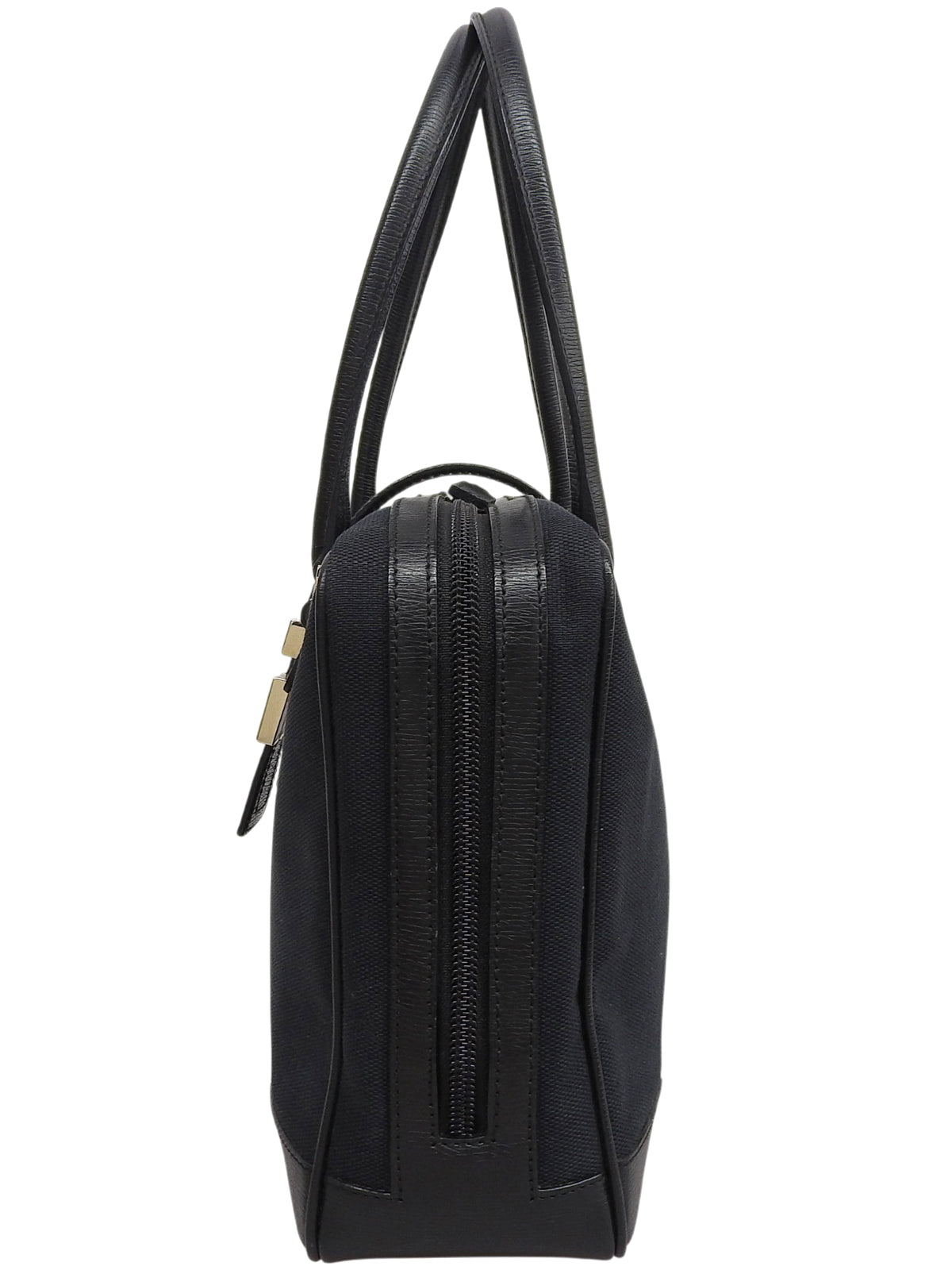 Canvas and leather combination G logo plate handbag in black
