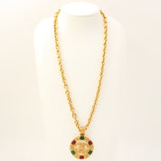 1994 Gripoix Design Cutout CC Mark Brooch in Gold/Green/Red