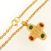 1994 Gripoix Design CC Mark Chain Necklace Gold/Green/Red