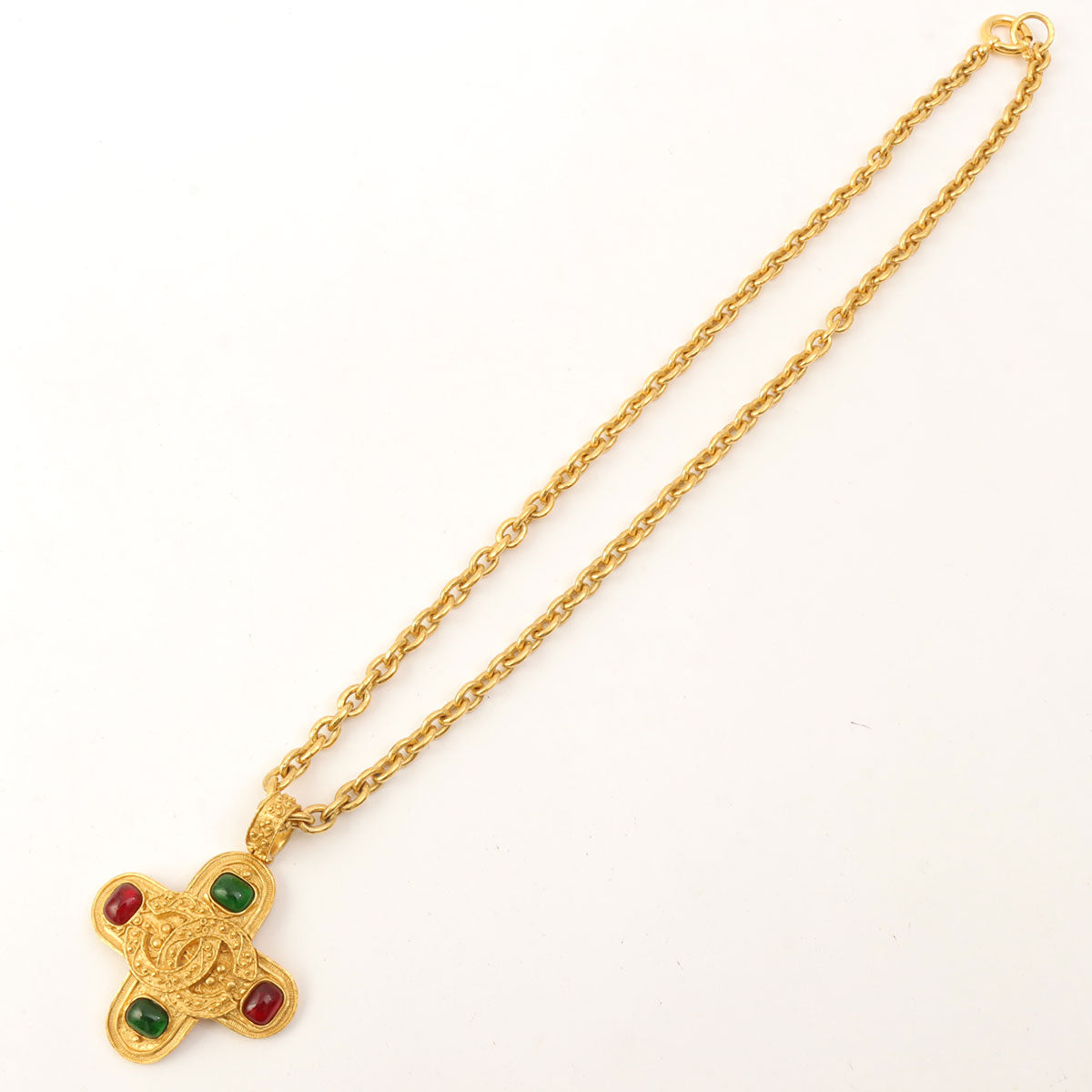 1994 Gripoix Design CC Mark Chain Necklace Gold/Green/Red