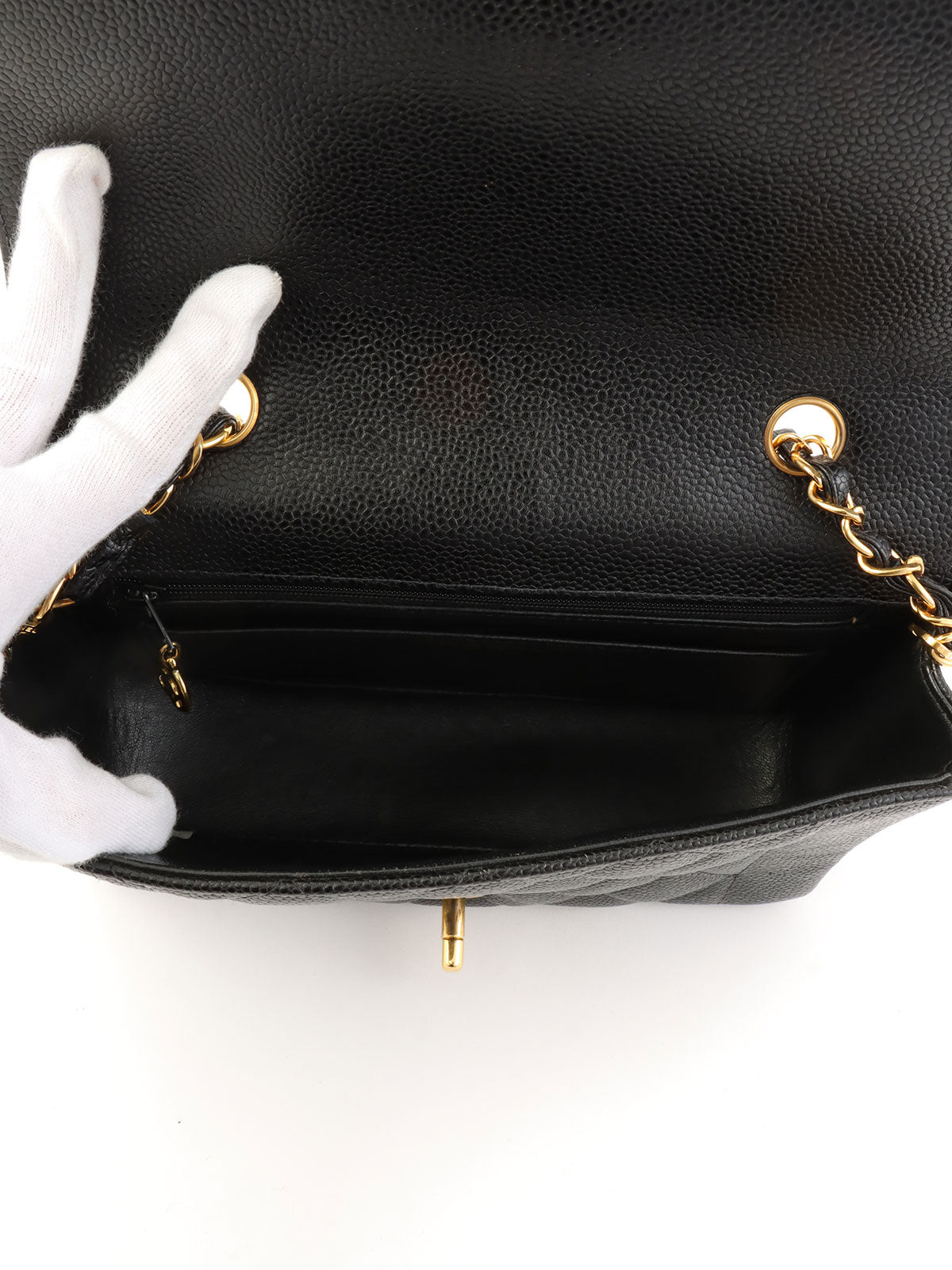 1995年頃製 キャビアスキンダイアナフラップチェーンバッグ22cm ブラック