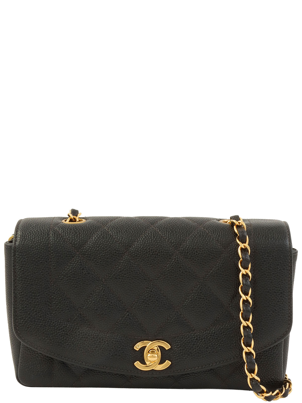 1995年頃製 キャビアスキンダイアナフラップチェーンバッグ22cm ブラック