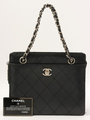 1998 Caviar Skin Bicolor Stitch CC Turnlock Chain Tote Bag in Black