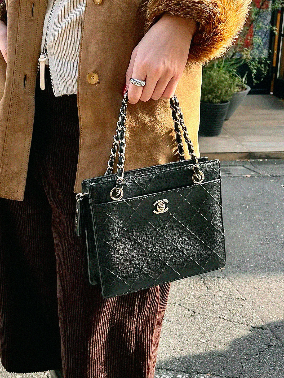 1998年頃製 キャビアスキンビコローレステッチCCターンロックチェーントートバッグ ブラック