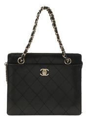 1998 Caviar Skin Bicolor Stitch CC Turnlock Chain Tote Bag in Black