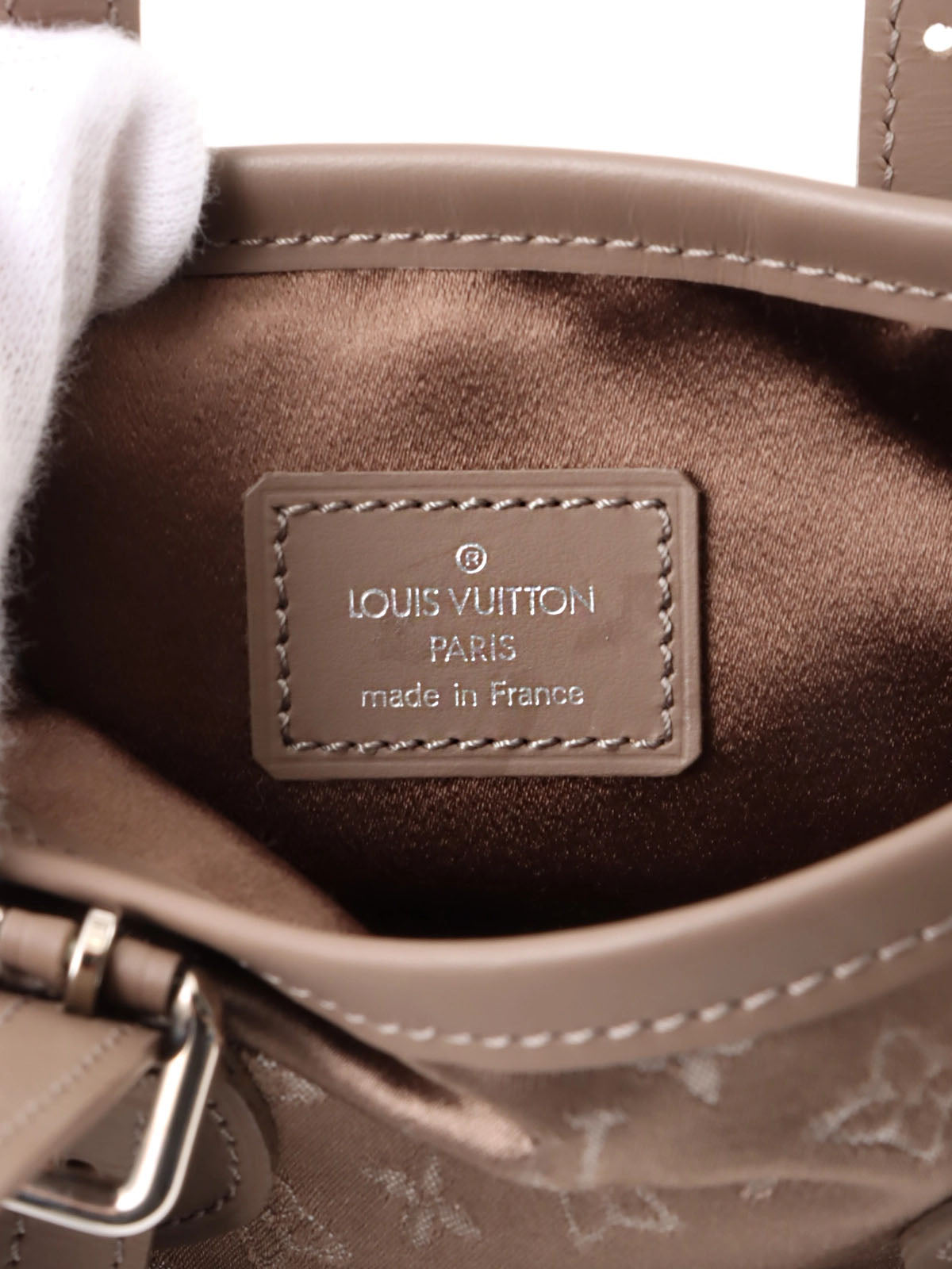2001 Satin Monogram Little Bucket Greige