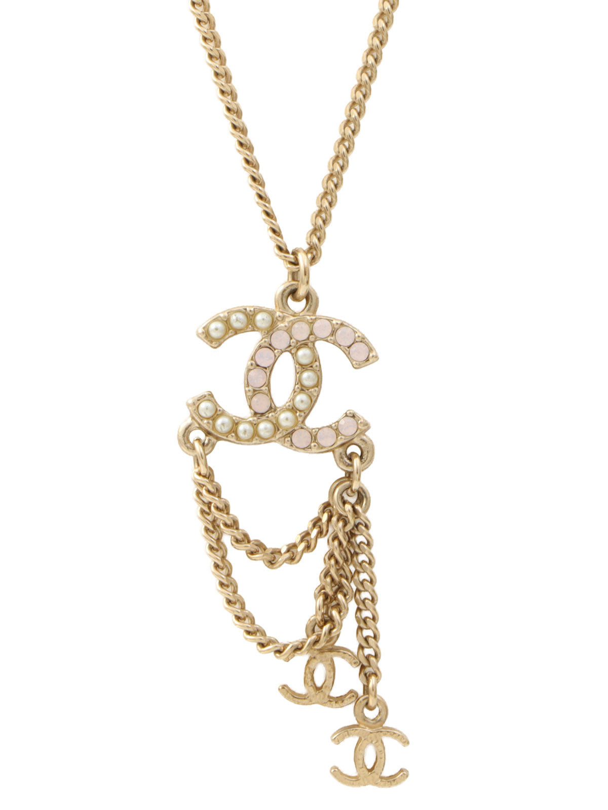 2013 Pearl Rhinestone CC Mark Chain Swing Necklace Gold/Pink
