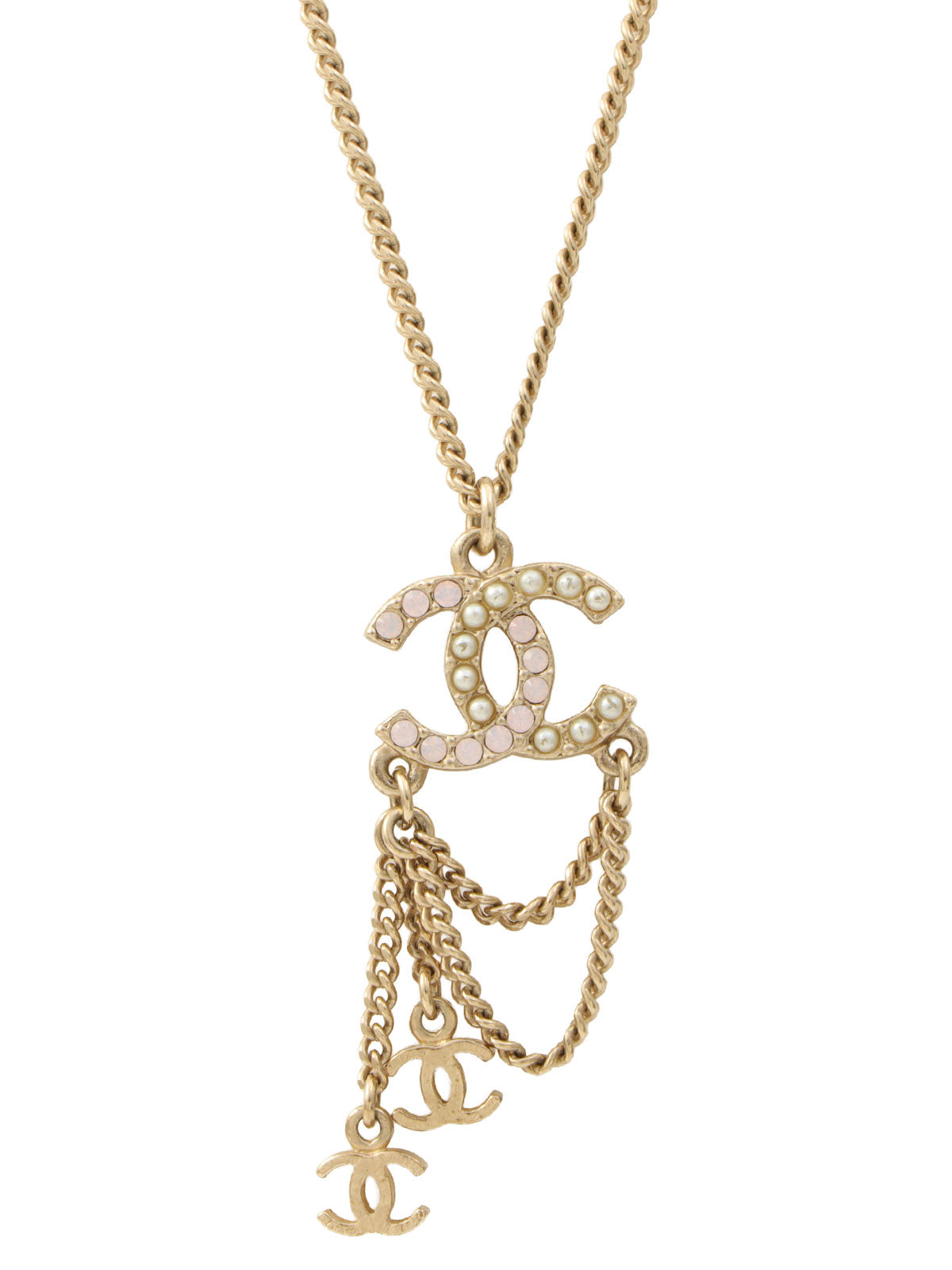 2013 Pearl Rhinestone CC Mark Chain Swing Necklace Gold/Pink