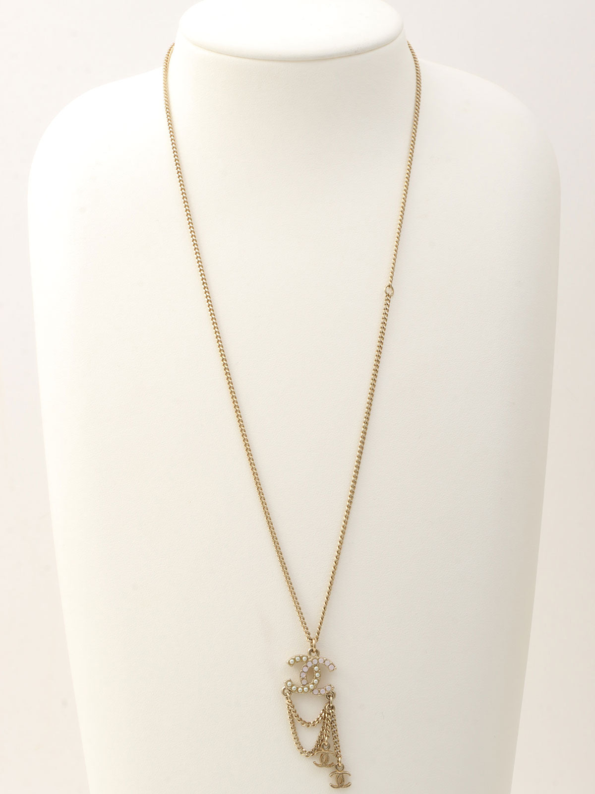 2013 Pearl Rhinestone CC Mark Chain Swing Necklace Gold/Pink