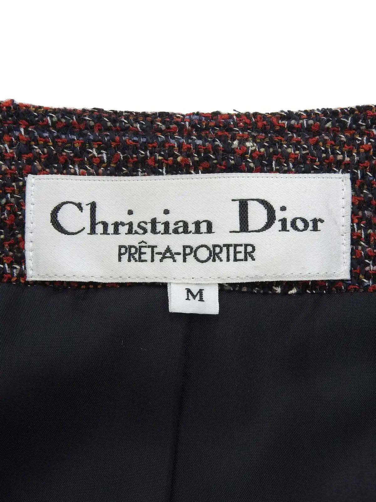 Tweed logo button collarless jacket in red/navy