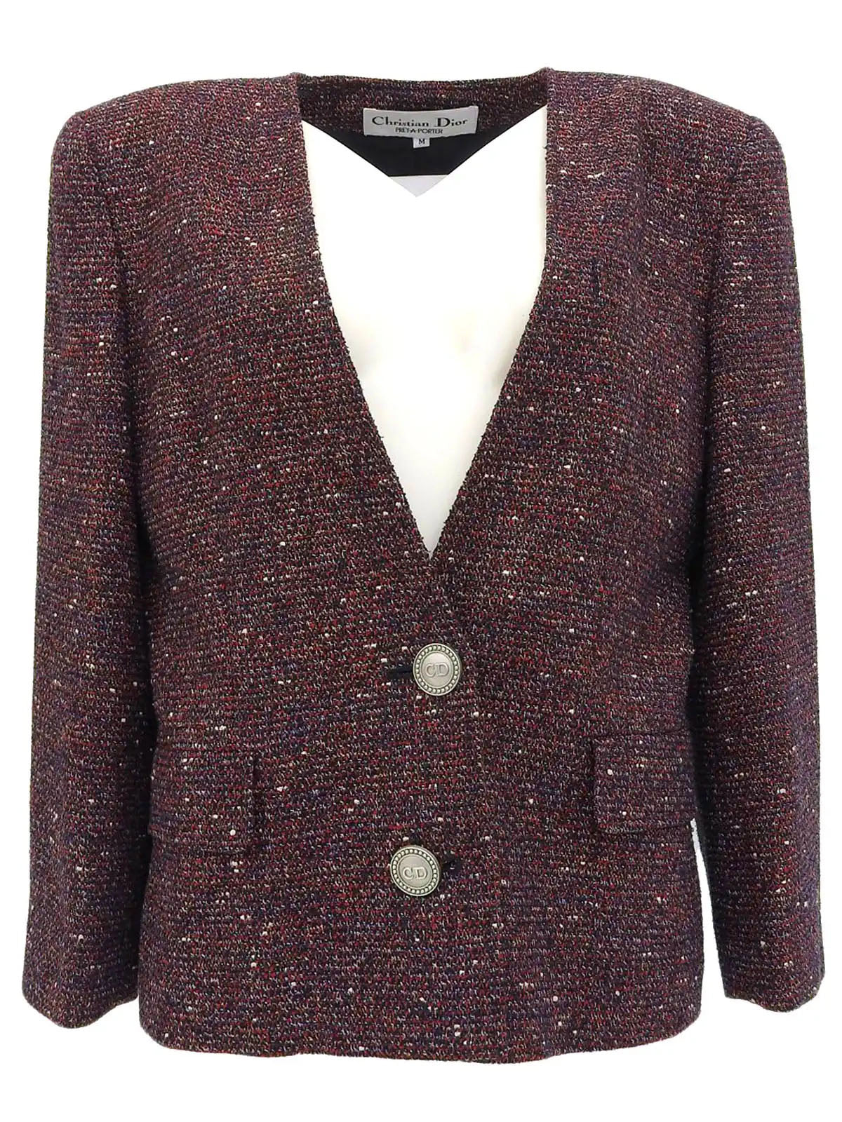 Tweed logo button collarless jacket in red/navy