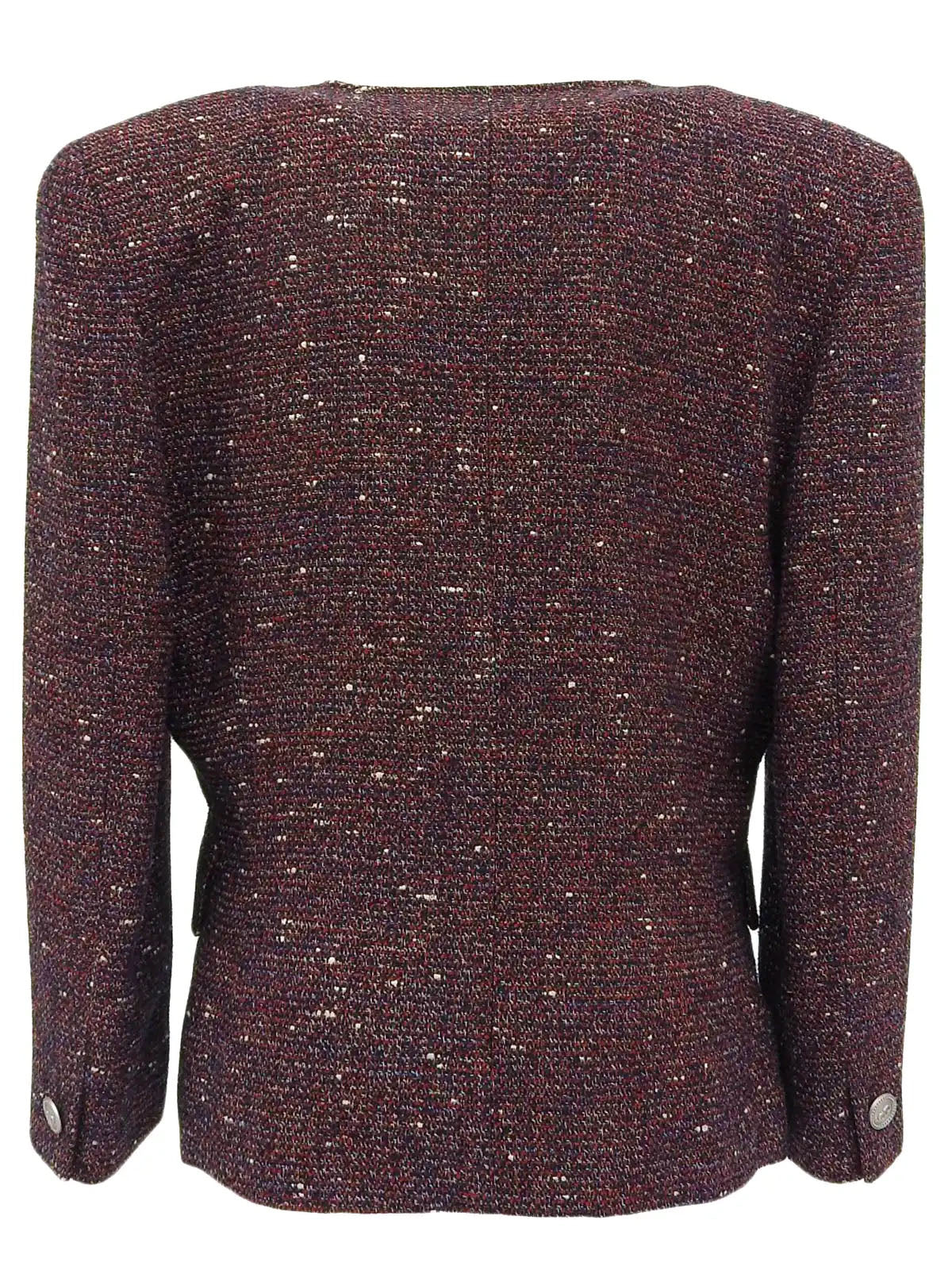 Tweed logo button collarless jacket in red/navy