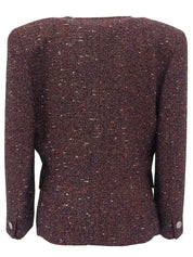 Tweed logo button collarless jacket in red/navy
