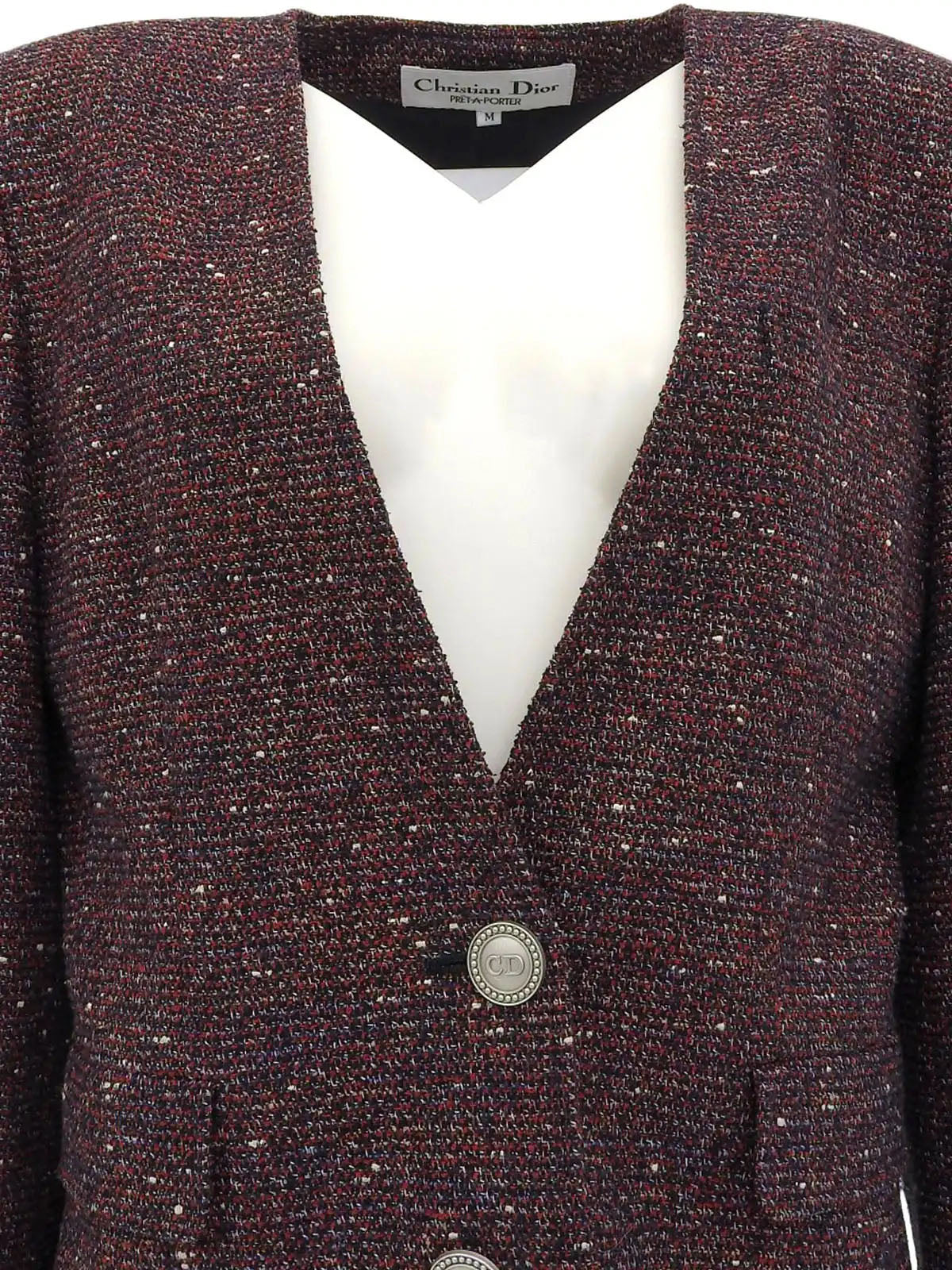 Tweed logo button collarless jacket in red/navy