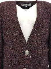 Tweed logo button collarless jacket in red/navy