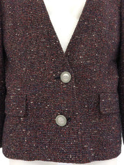 Tweed logo button collarless jacket in red/navy